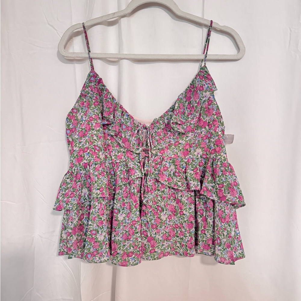 Astr Floral Pink and Green Ruffle Camisole
